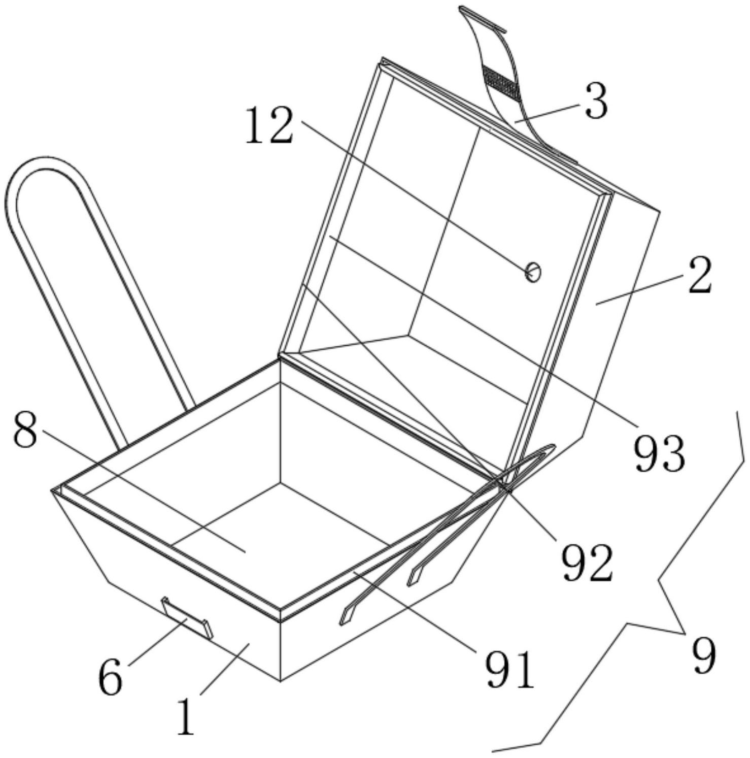 摘要附图摘要本实用新型公开了一种便携式防潮汉堡包装盒,包括盒底