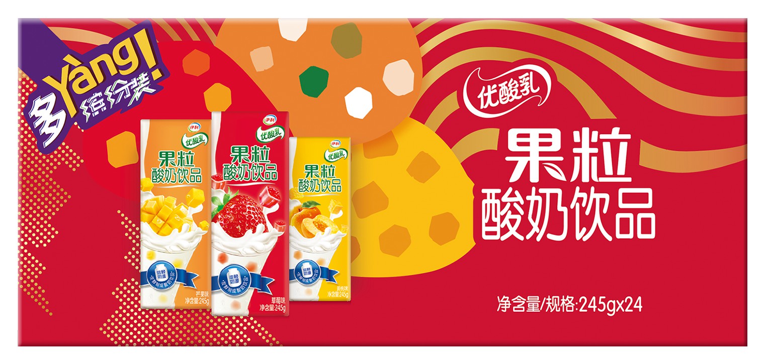 摘要附图摘要1.本外观设计名称:包装箱(优酸乳果粒多yang缤纷装).2.