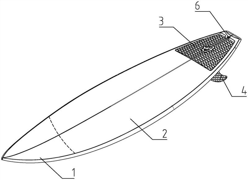 一种冲浪板,其包括主体,主体的前端固定设有导水部,导水部为实心结构
