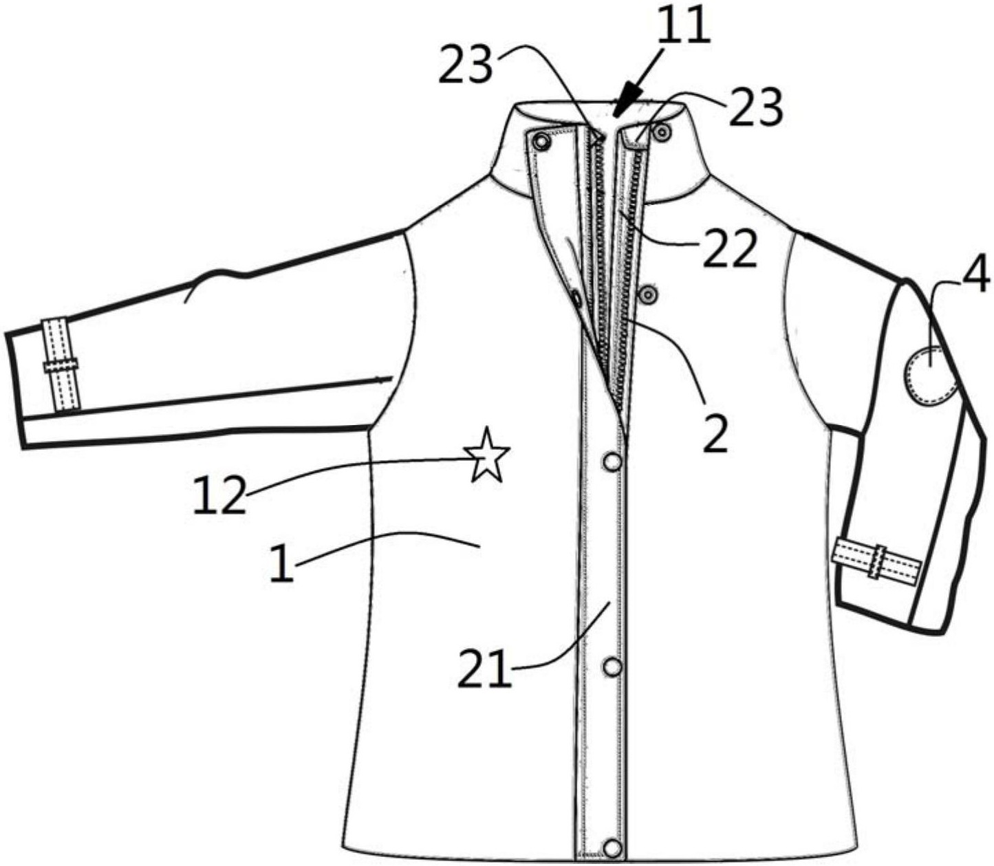 包括設有拉鍊和後襬開叉的衣服本體,衣服本體的內側於後擺開叉處縫有