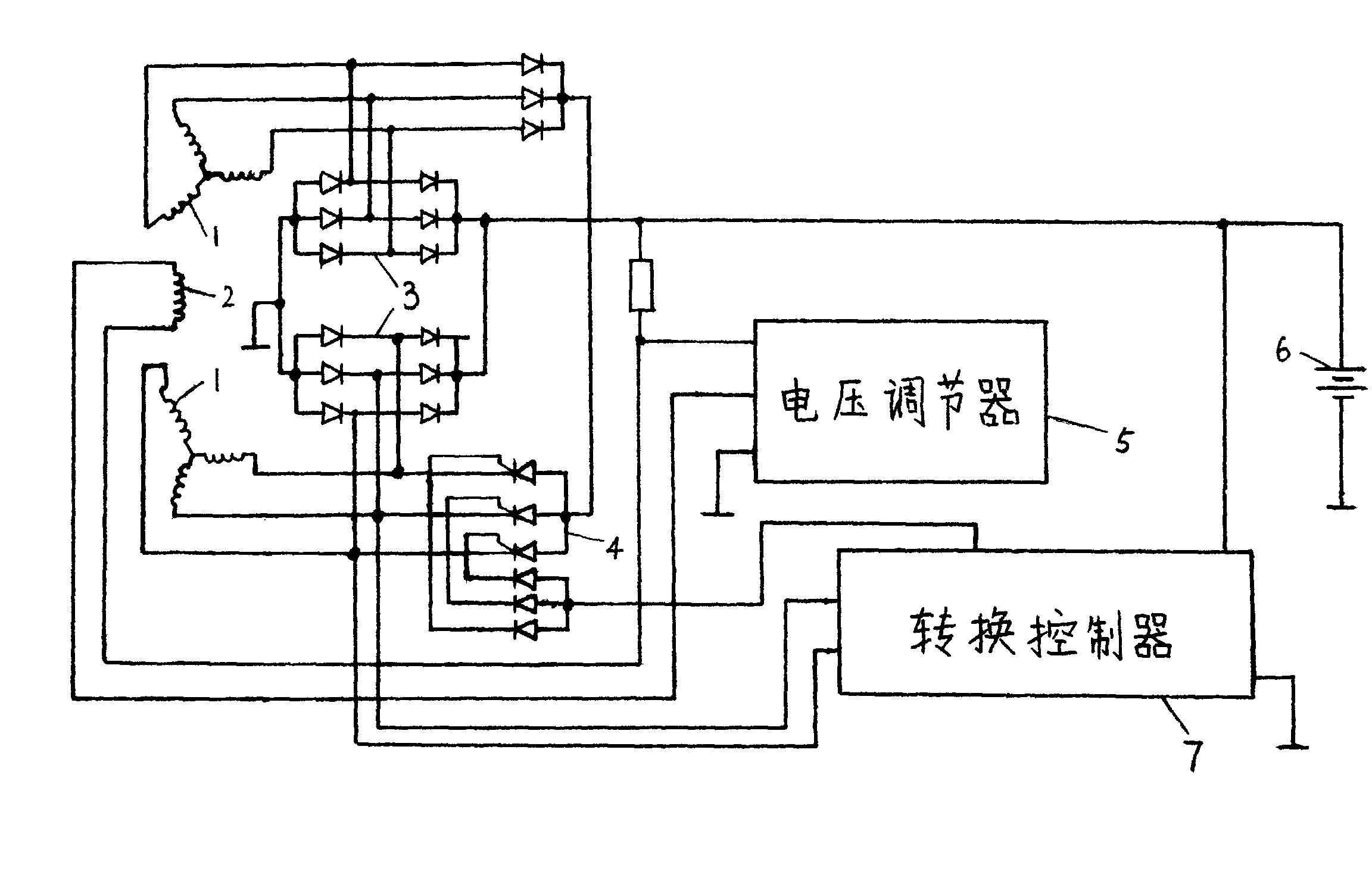 为一种高效能汽车交流发电机电气线路,发电机定子电枢采用六相绕组,接