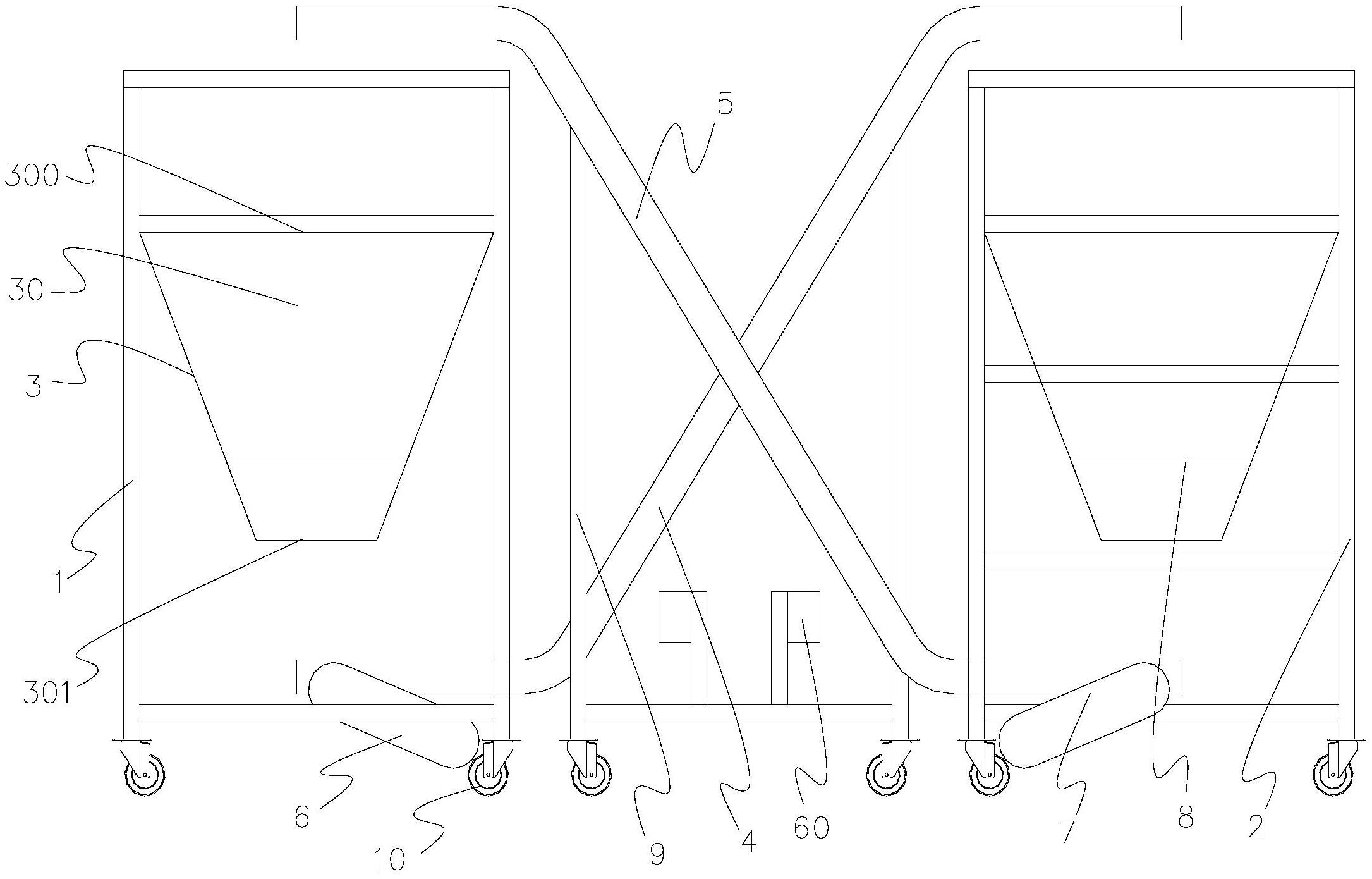 左右支架上都设有进料机构,进料机构上设有从上到下的成倒梯形体结构