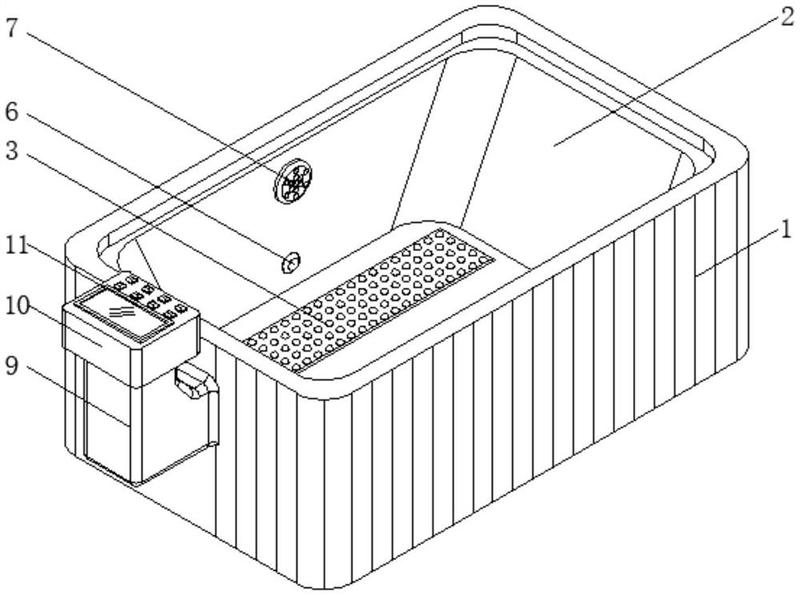 包括:外缸体,其为浴缸的最外层结构,所述外缸体的材质为亚克力材质;内