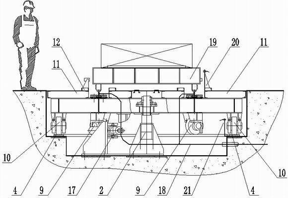 了一种新型重载可回转供电轨道转盘装置,包括机架结构和动力驱动系统