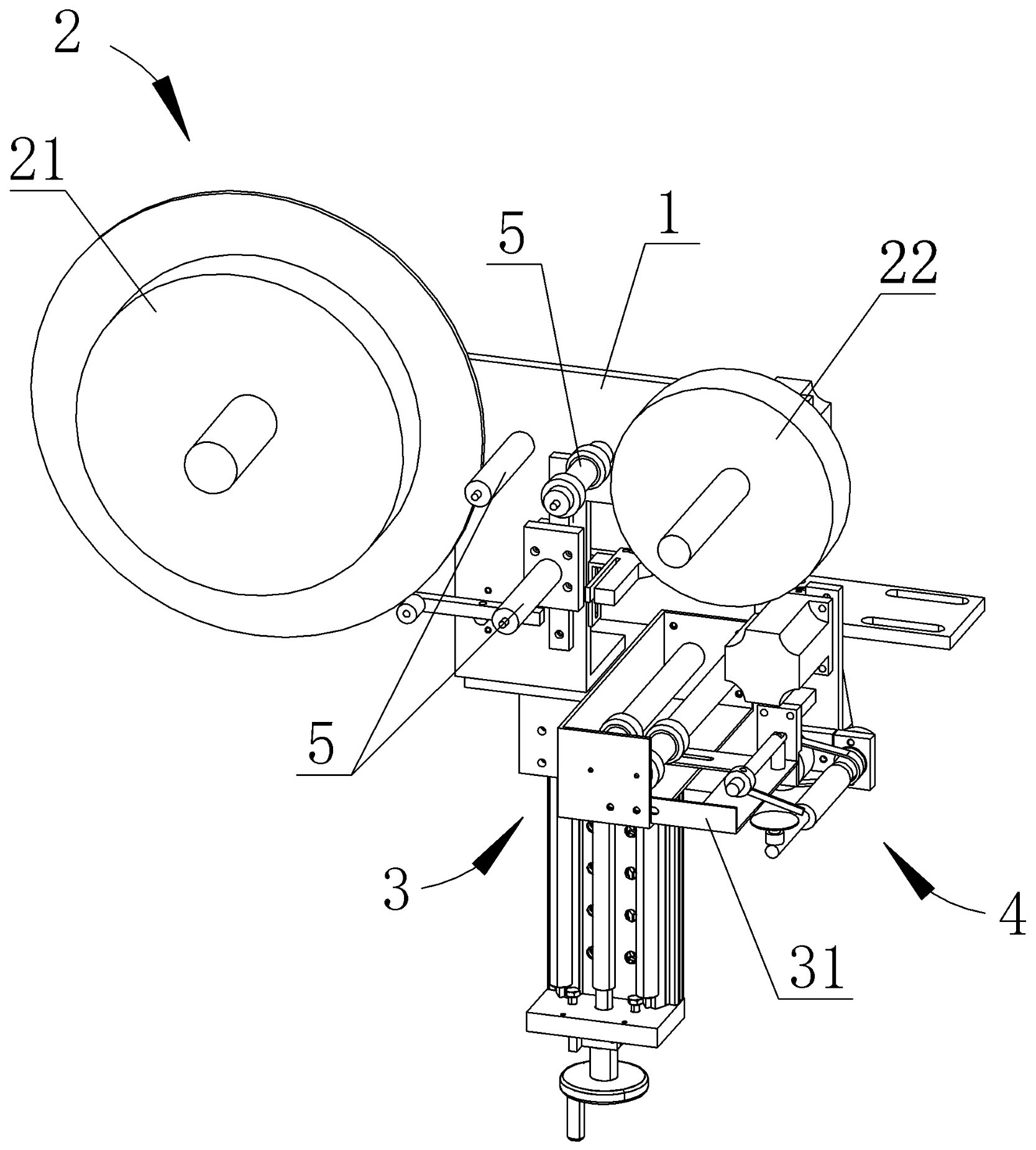吸标头的吸附面背向待贴标的产品,贴标电机依次通过主动轮,驱动同步带