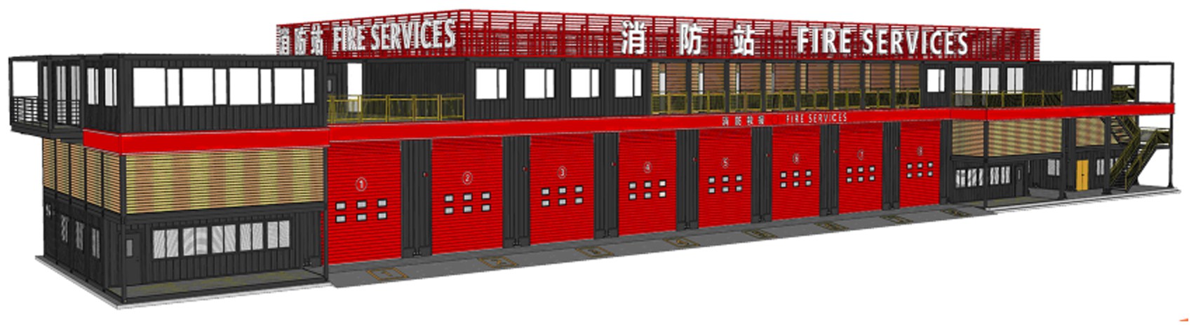 摘要附图摘要1.本外观设计产品的名称:可移动模块化消防站(08).2.