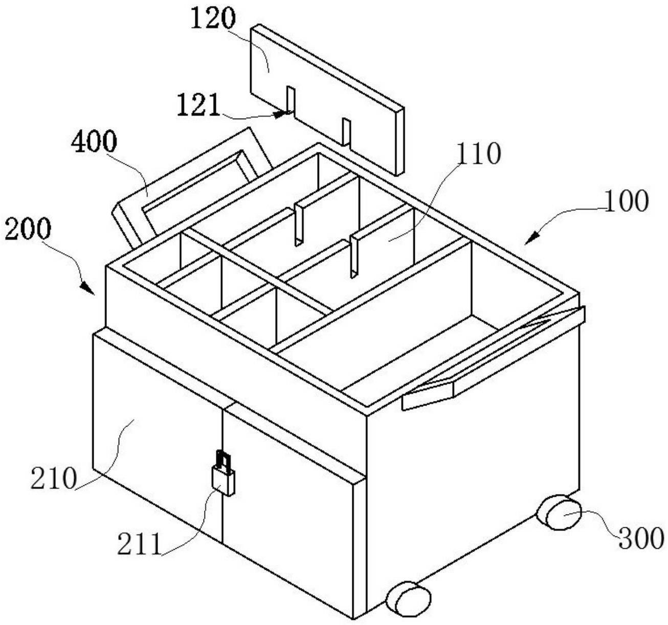 一种工具箱,包括箱本体,箱本体包括常用箱体及安全箱体两个箱层结构