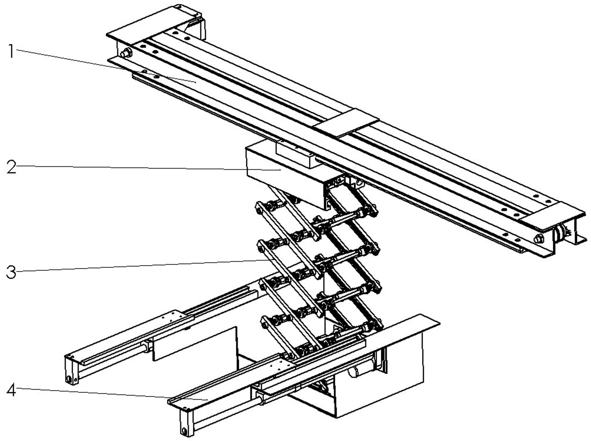 伸缩货叉机构安装在整个装置的底部,用于向前方伸出货叉,叉取橱柜高位