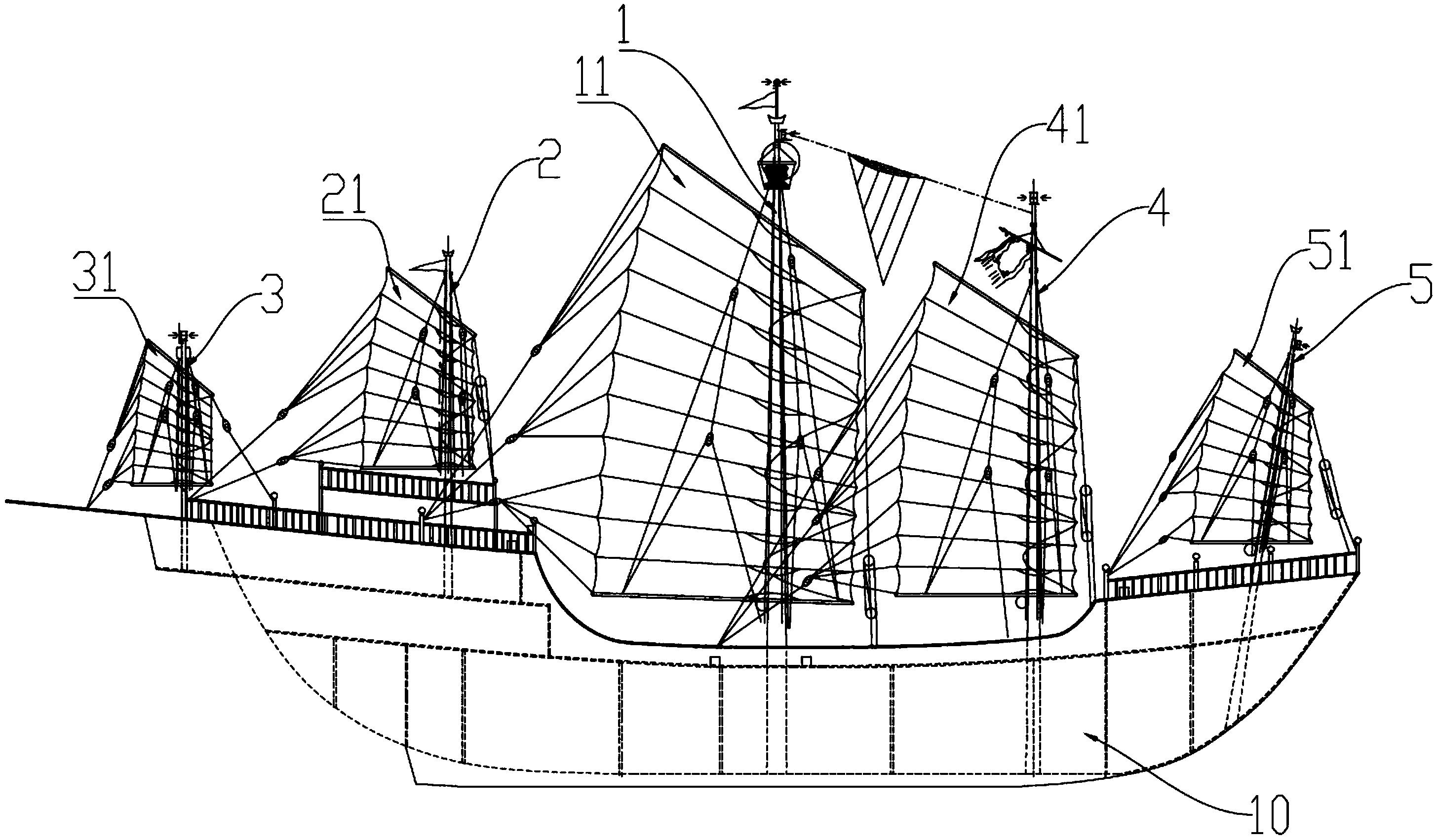 新型公开了一种帆船的风帆设计结构,包括船体,所述船体上设有五根桅杆
