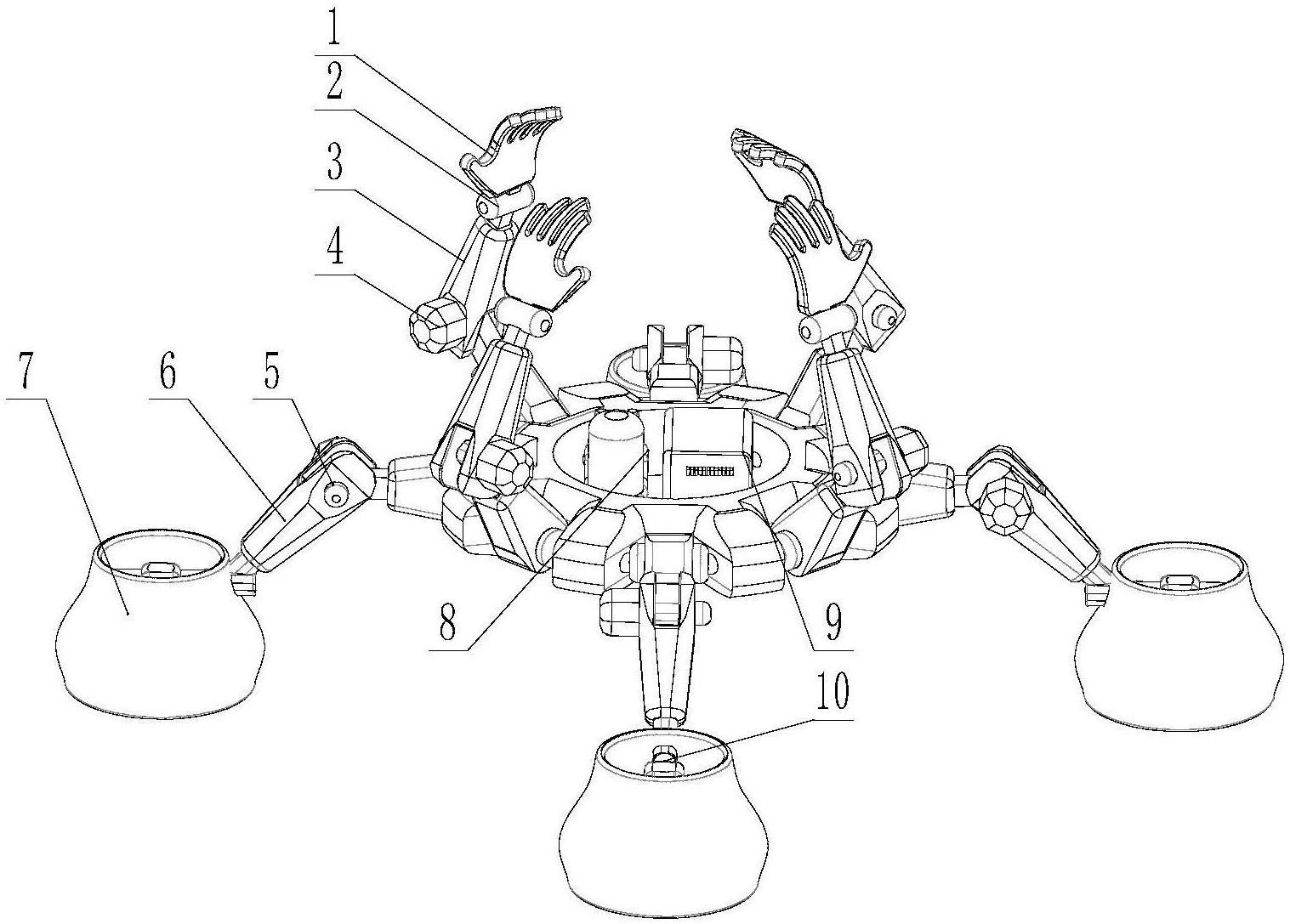 其包括主体,多个腿部机构,多个手臂机构,多个吸附装置,多个机械手和