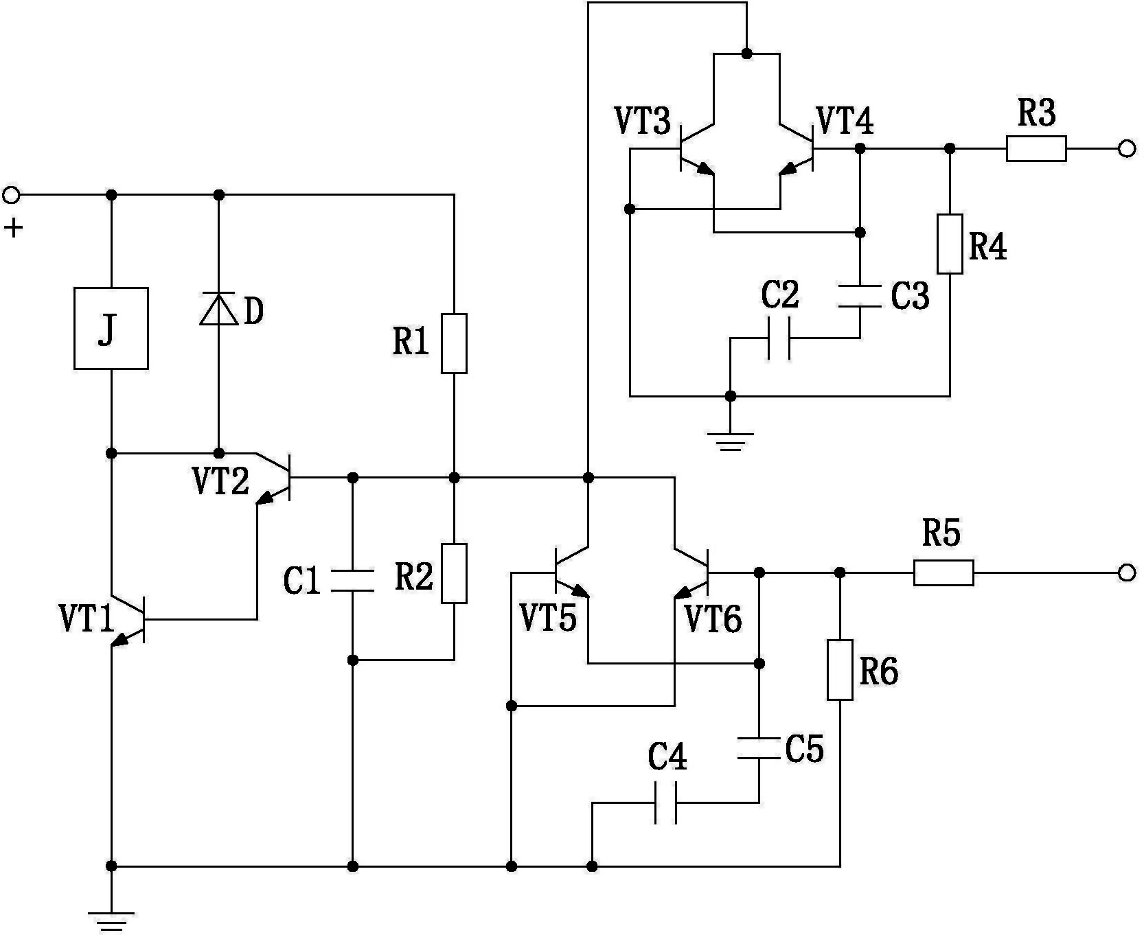 附图摘要本发明公开了一种用于教学的扩音器功放保护电路,包括继电器