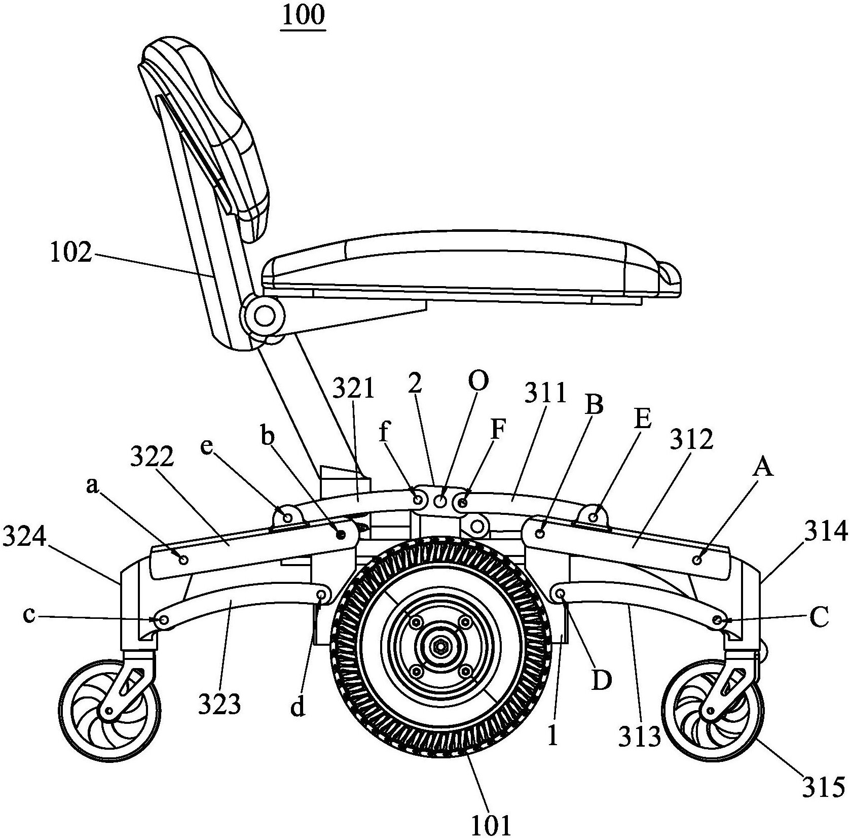 两驱动件以及分别设置于座式平衡车的两个车轮前,后的辅助轮结构,所述